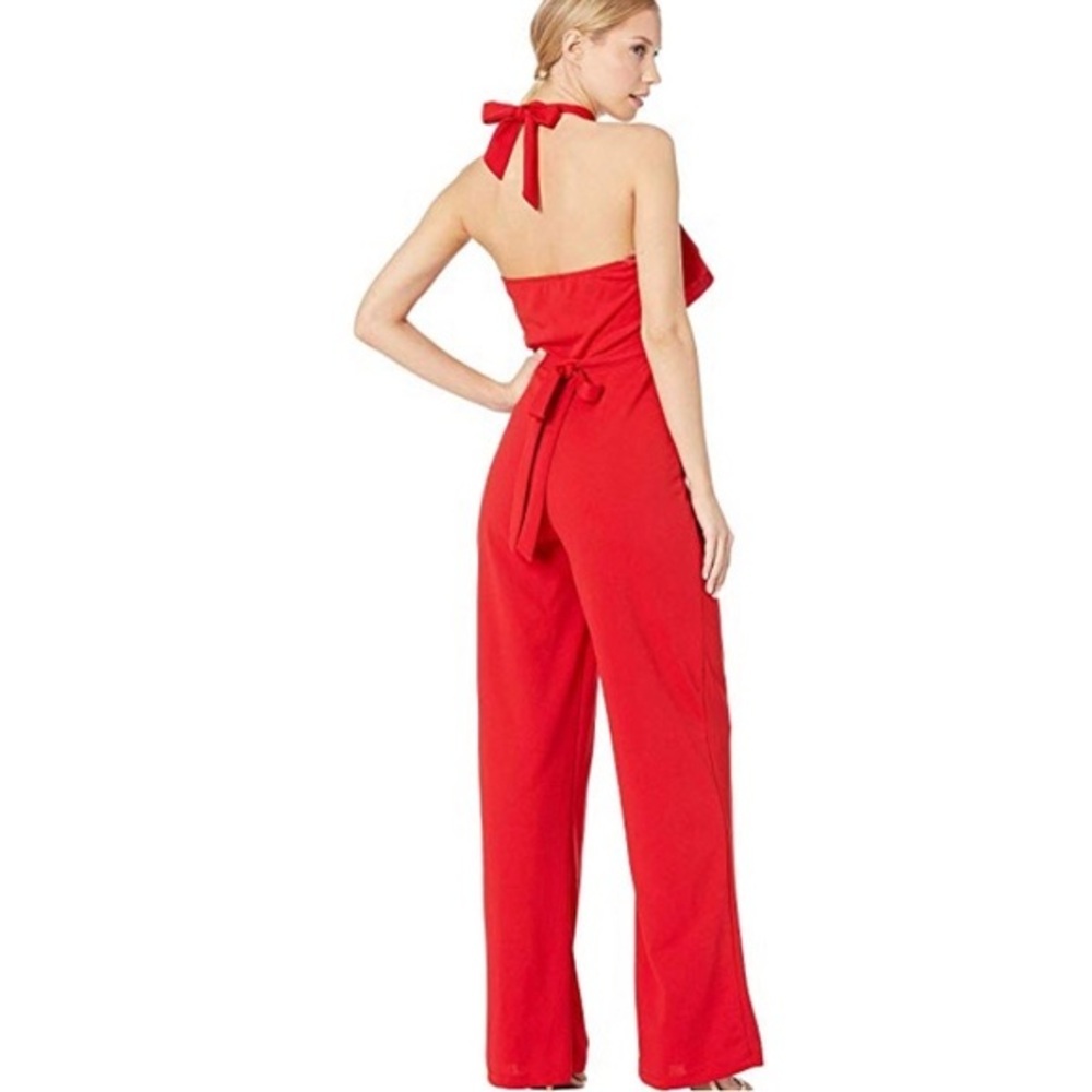 Bebe red Ruffle front belted sleeveless open back‎ Halter Jumpsuit size 2 new - Picture 3 of 15